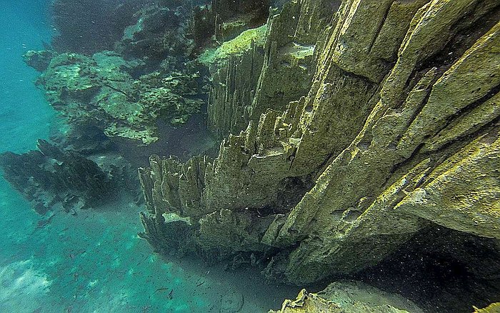 Underwater view of jagged rock formations resembling vertical cliffs in Kayangan Lake, Coron. The rocks are surrounded by clear blue water, with small fish swimming nearby. Sunlight filters through, highlighting the textured surfaces, creating a serene and captivating scene in Palawan.