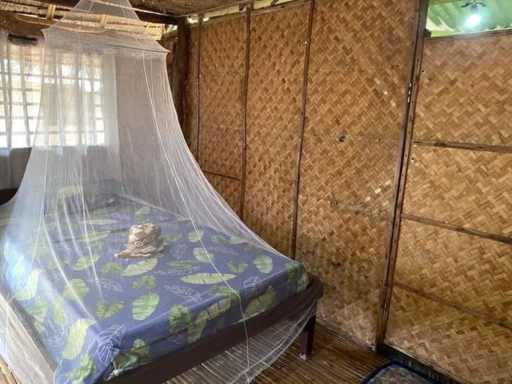 A cozy bed with a leafy patterned comforter is enclosed by a white mosquito net. The room, reminiscent of rustic retreats on Banana Island, has walls made of bamboo matting. Soft daylight filters through a window covered with a simple white curtain.