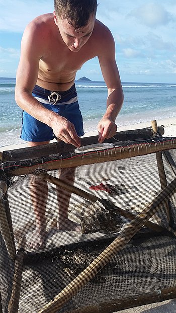 A person in blue shorts is working on a net frame set up on a sandy beach with rocks nearby. The ocean is in the background under a partly cloudy sky.