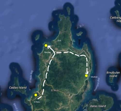 Map of a coastal area showing routes and landmarks like El Nido, Calibangbangan Island, Cadlao Island, and others, with a dotted path outlined for an adventurous boat trip.