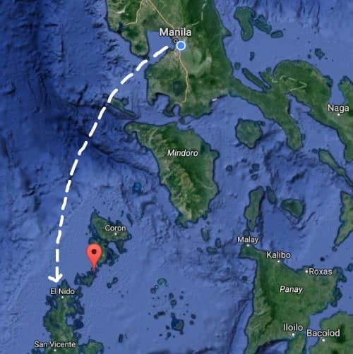Map illustrating the scenic route from Manila to El Nido, Philippines, featuring a dashed line for the journey and a destination pin. Perfect for planning your next adventure, whether it's by car or an exciting boat trip.