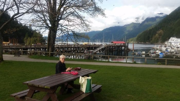 A person sits at a picnic table on a green lawn near a waterfront, enjoying a pause from their road trip. Behind them are docks, boats, and a mountainous landscape under a cloudy sky. A tote bag is on the table beside them.