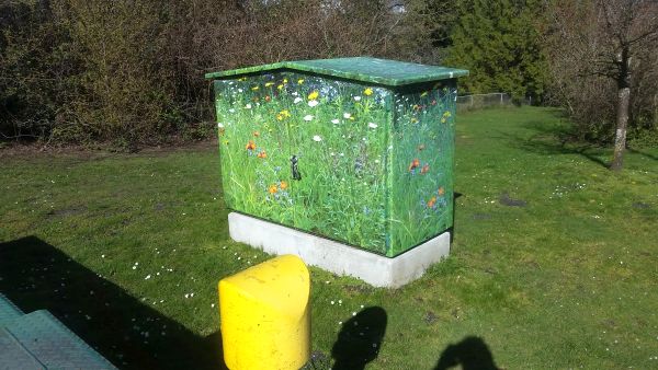 A utility box in a grassy area is painted with a colorful mural of flowers and plants, making it a delightful stop on your road trip. Nearby, a yellow bollard stands on the grass under a clear sky, with tree shadows cast on the ground.