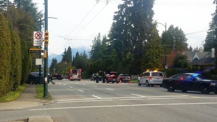 A street scene captures the halted vehicles of a road trip, including emergency vehicles with flashing lights by the roadside. Several tourists stand nearby, framed by tall trees and distant mountains under a cloudy sky.