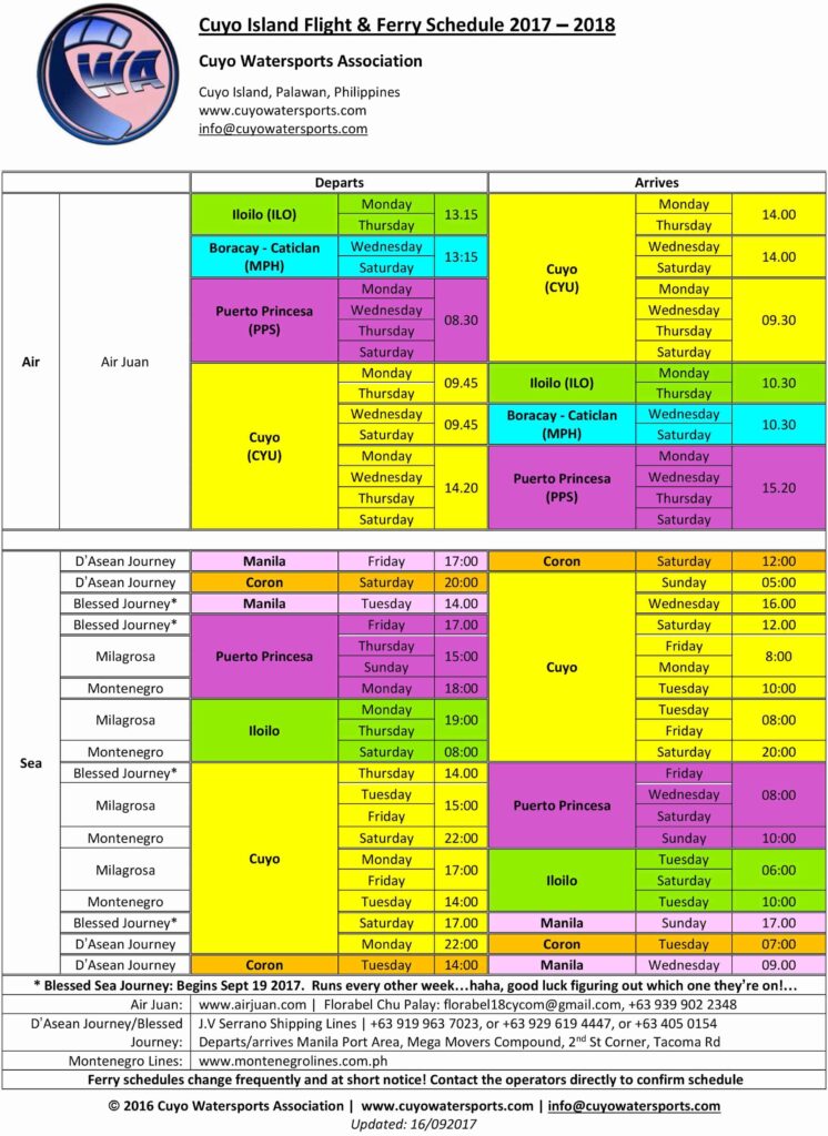 Discover the Cuyo Island Flights & Ferry schedule for 2017–2018 by Cuyo Watersports Association. Featuring air and sea travel details with timings for routes like Iloilo, Puerto Princesa, Manila, and Coron, it's perfect for island hopping enthusiasts. Contact information and footnotes are included.