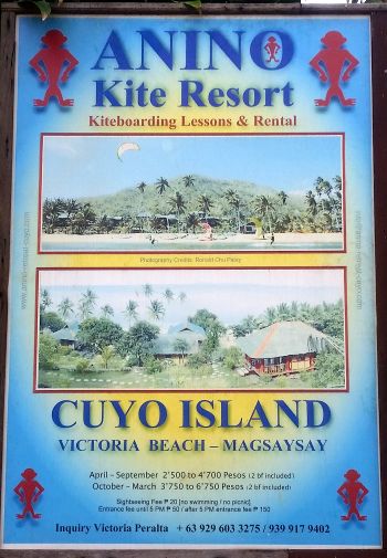 Poster for Anino Kite Resort on Cuyo Island. Showcases kiteboarding lessons, rentals, and boat tours amid tropical scenery with palm trees, huts, and beach. Includes rates, contact details, island hopping options, and seasonal pricing from April to September and October to March.