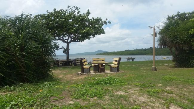 A peaceful outdoor setting with a circular arrangement of wooden benches and a table under a tree. The scene overlooks a tranquil body of water perfect for kite surfing, with green hills in the background under a partly cloudy sky.