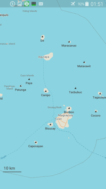 Map showing the Cuyo Islands in the Philippines, with several labeled islands such as Cuyo, Agutaya, and Capnayan. The map includes scale and directional markers, with small icons indicating popular island hopping spots and boat tour routes for exploring this tropical paradise.