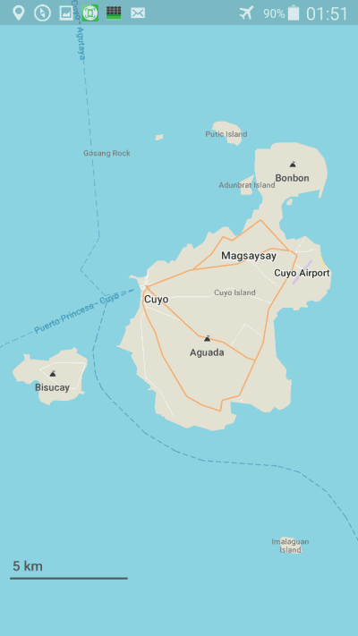 Map showing Cuyo Island, perfect for kite surfing and island hopping, with marked locations including Cuyo, Magsaysay, Aguada, and Bonbon. Nearby islands and Cuyo Airport are labeled. A route to Puerto Princesa is indicated, with a scale of 5 km.