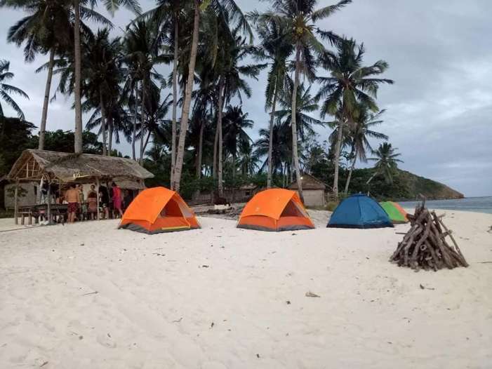 A sandy beach in Coron with several colorful tents under tall palm trees offers a tranquil spot. Nearby, people gather at a small wooden shelter. Firewood lies piled on the sand, perfect for evening gatherings after boat tours. The overcast sky and a distant hill add to the allure.