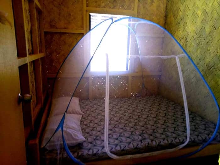 A small room in El Nido features woven walls and a bed covered by a blue-framed mosquito net. Two pillows rest on the patterned mattress, while a window lets in natural light, illuminating this cozy accommodation option.