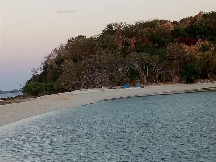 A tranquil El Nido beach scene with a calm sea meeting a sandy shore. A small, densely vegetated hill rises beyond, where a few blue tents serve as charming accommodation options among the trees. The sky is soft and gently colored, suggesting early morning or late afternoon.