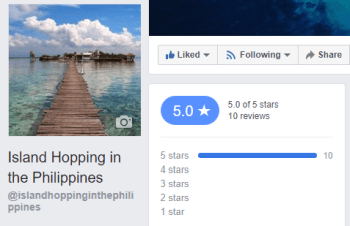 A Facebook page titled "Island Hopping in the Philippines" features a stunning cover photo of a wooden pier leading to a tropical building over clear blue water, reminiscent of El Nido's serene beauty. The page boasts a 5.0-star rating from 10 reviews, promising an unforgettable trip.