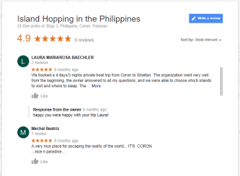 A screenshot of a review page for "Island Hopping in the Philippines" with a 4.9-star rating highlights an unforgettable boat tour. Two user reviews praise the El Nido experience and staff, while a response from the owner thanks a reviewer for their feedback.