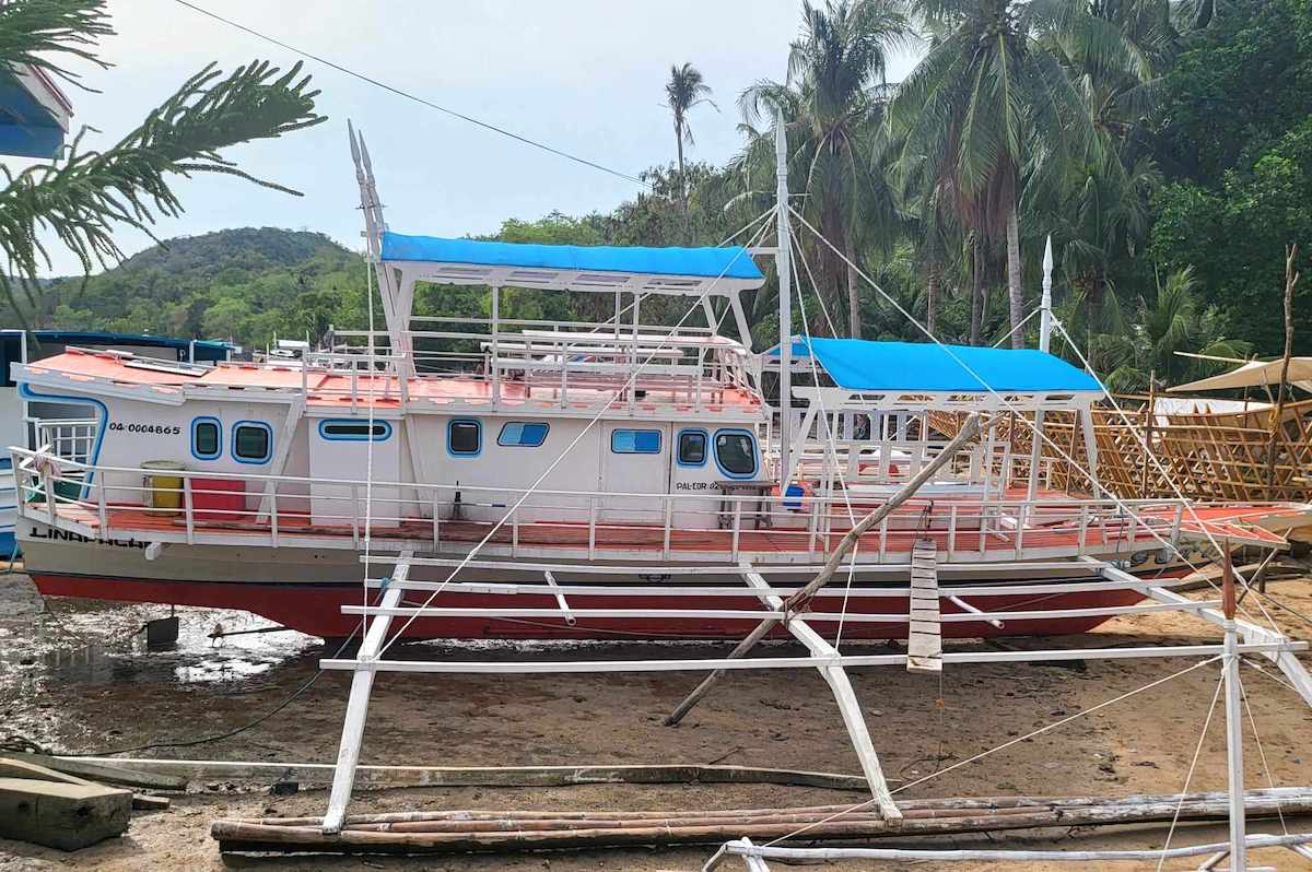 A brightly painted boat with a red hull and blue canopies is stationed on a sandy beach, perfect for island hopping. The area is surrounded by lush green palm trees and hills under a clear sky. Nearby, bamboo structures enhance the coastal setting's charm.