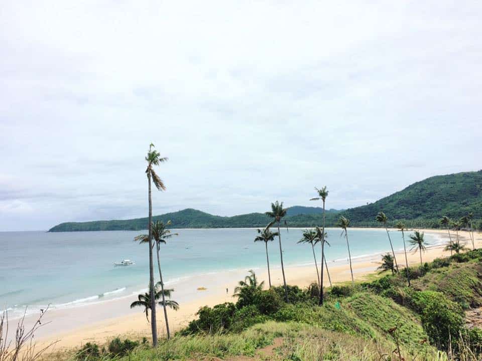 Tropical beach with palm trees, sandy shore, and calm sea under a cloudy sky, surrounded by green hills; perfect for an El Nido boat tour.