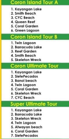 Discover the enchanting beach and lagoon destinations of Coron with our curated tour menu. Choose from four incredible tours: Tour A, Tour B, Ultimate Tour, and Super Ultimate Tour, featuring Palawan's gems like Kayangan Lake and Skeleton Wreck. Perfect for island hopping adventures or a memorable marriage proposal!