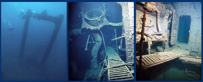 A collage of three underwater images showcases a sunken shipwreck in Coron. The photos reveal corroded metal structures, marine growth, and sections of the ship. The murky water adds to the mysterious ambiance, inviting scuba diving enthusiasts to explore these fascinating wrecks.