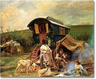 A painting of a rural scene with people near a colorful wagon, goats, and a campfire evokes the charm of island hopping. The backdrop features a lush green landscape under a cloudy sky, offering an idyllic escape reminiscent of a peaceful journey on distant shores.