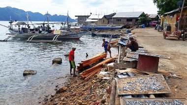 A coastal scene with fishermen by wooden boats, drying fish on racks, and buildings in the background invites you to imagine island hopping or a leisurely boat tour along the vibrant shoreline.