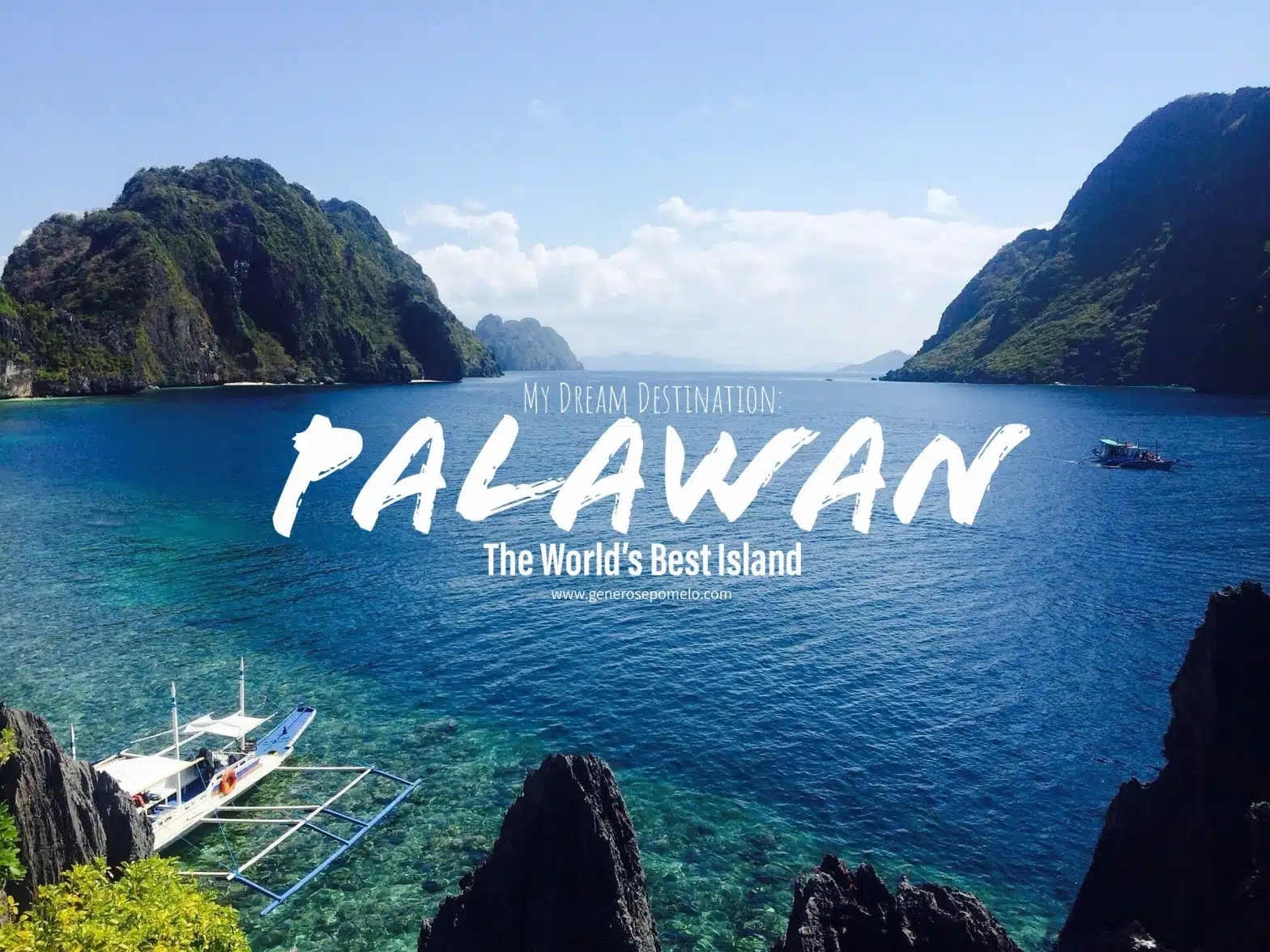 A stunning view of Palawan's clear blue waters and rocky cliffs under a bright sky, with a boat docked near the shore, beckons adventure seekers for an unforgettable island hopping tour.
