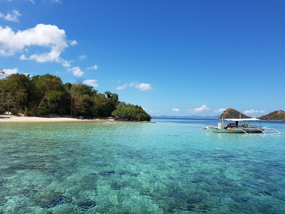 Clear turquoise water with a small boat, lush green trees, and a sandy beach under a bright blue sky invite you to embark on an island hopping adventure. Discover hidden Coral Gardens as part of an unforgettable boat tour in this tropical paradise.
