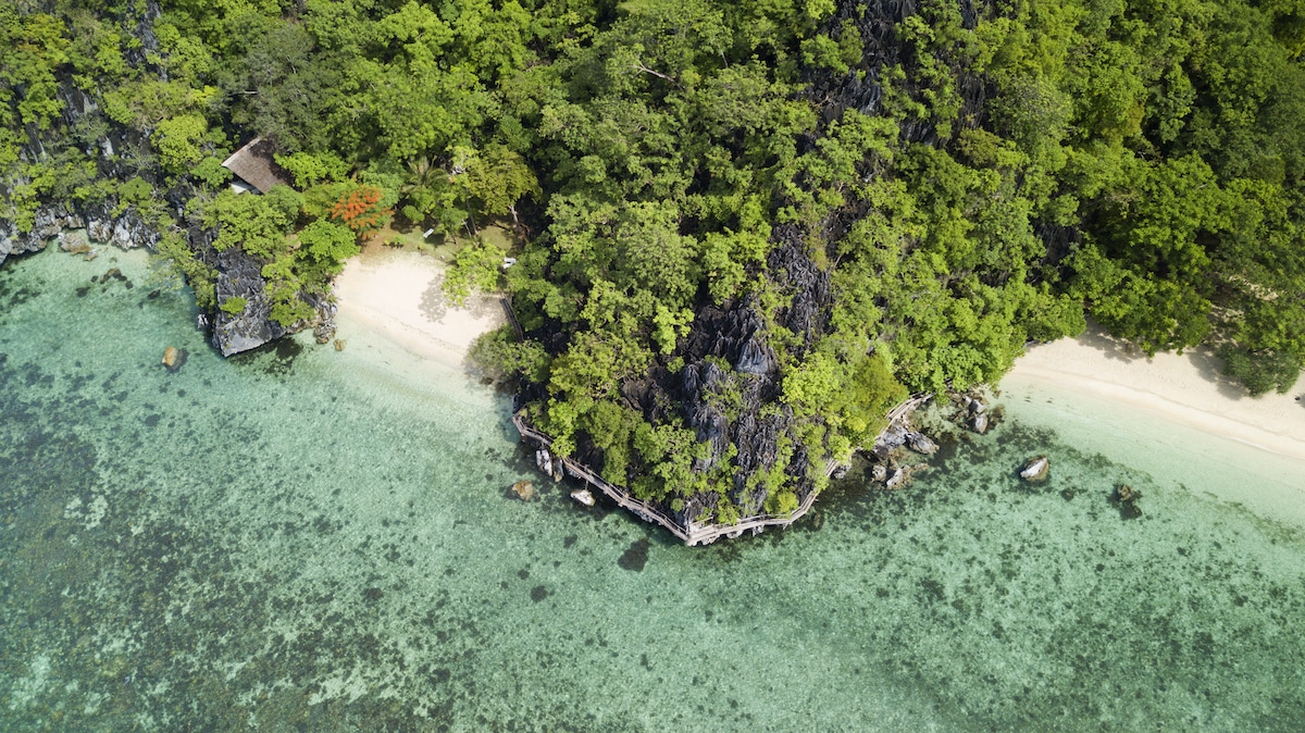 Aerial view of Palawan, a lush tropical island with dense green foliage surrounded by clear turquoise water. A small sandy beach is visible, and a wooden structure is nestled among the trees near the shoreline—an ideal spot for island hopping or starting a boat tour adventure.