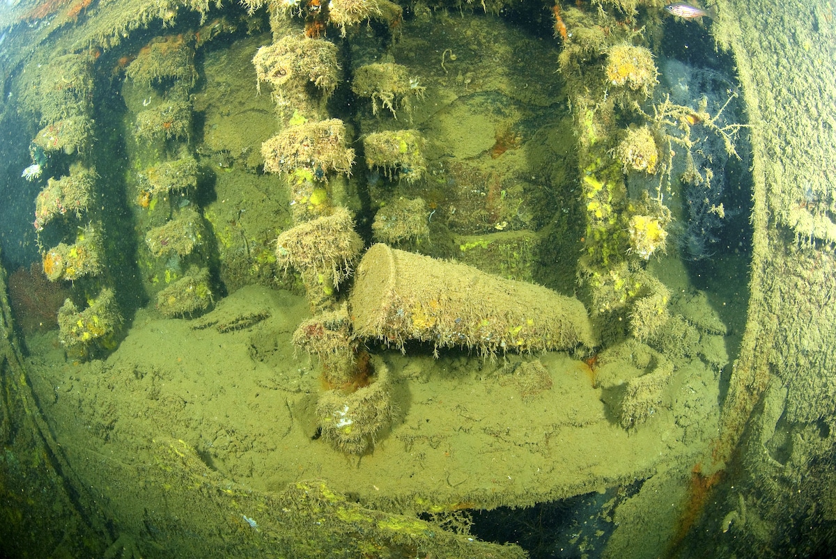 Amid an underwater scene of a shipwreck covered in algae and marine growth, a large cylinder rests among vertical and horizontal structures. This intriguing view of rusty, encrusted machinery is reminiscent of the hidden wonders often discovered during island hopping adventures.