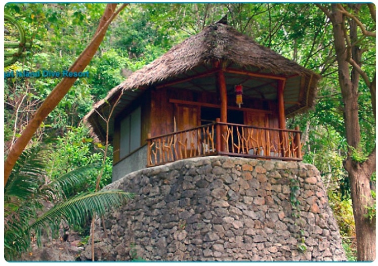 A rustic wooden cabin with a thatched roof stands on a stone foundation, nestled among lush green trees, making it an ideal accommodation choice. The cabin features a small balcony with wooden railings, and the scene conveys a tranquil forest ambiance.