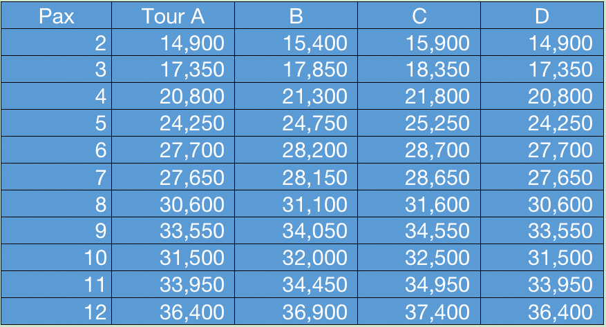 A table displaying prices for El Nido tours A, B, C, and D, based on the number of participants for boat tours, ranging from 2 to 12 with varying costs.