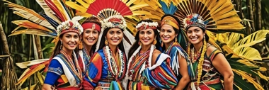 Six people in colorful, traditional attire and feather headdresses, smiling in a lush, tropical setting, perhaps taking a break from an exhilarating island hopping adventure.
