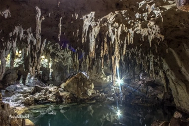 A cave interior with stalactites hanging from the ceiling and a still pool of water reflecting light, perfect for a serene boat tour as part of an island hopping adventure.