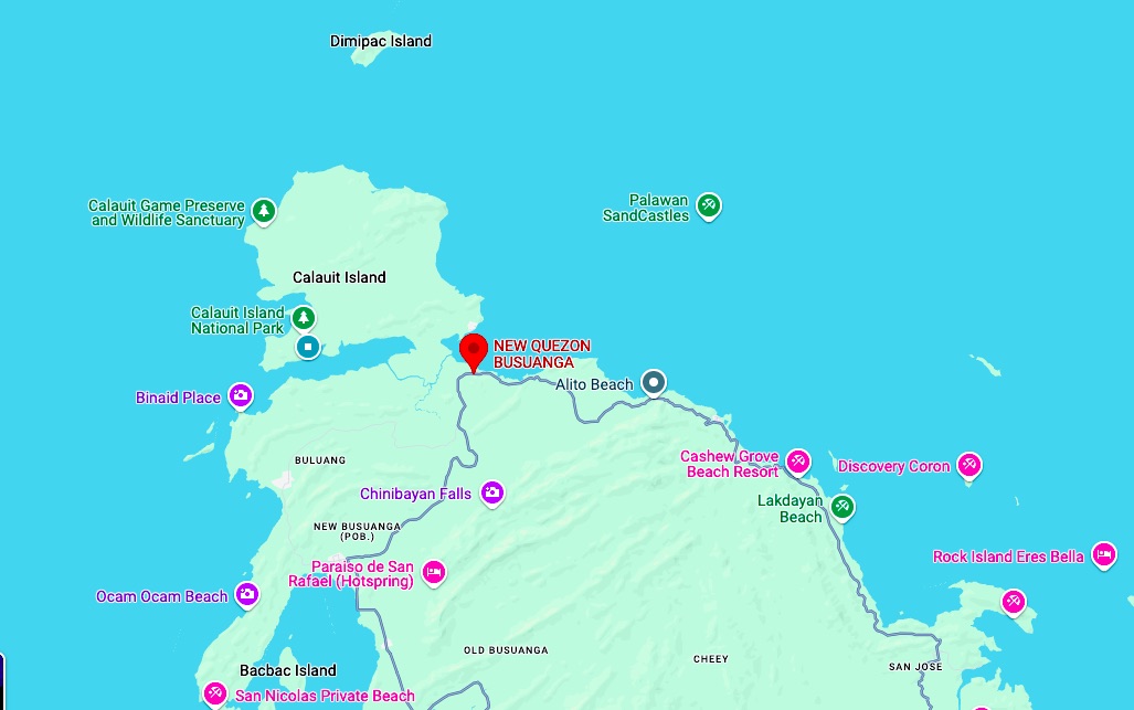 Map highlighting the northern part of Palawan, Philippines, showcasing locations such as Calauit Island, Coron, New Quezon Busunga, and various beaches and parks. Points of interest are marked with colored icons, inviting exploration of local wonders like the gentle sea cows that grace these waters.
