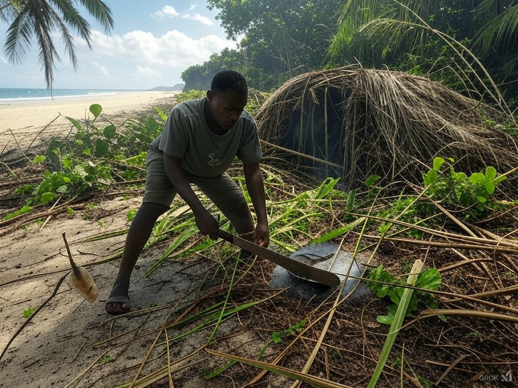 Building a shelter on deserted island as part of a castaway survival experience.