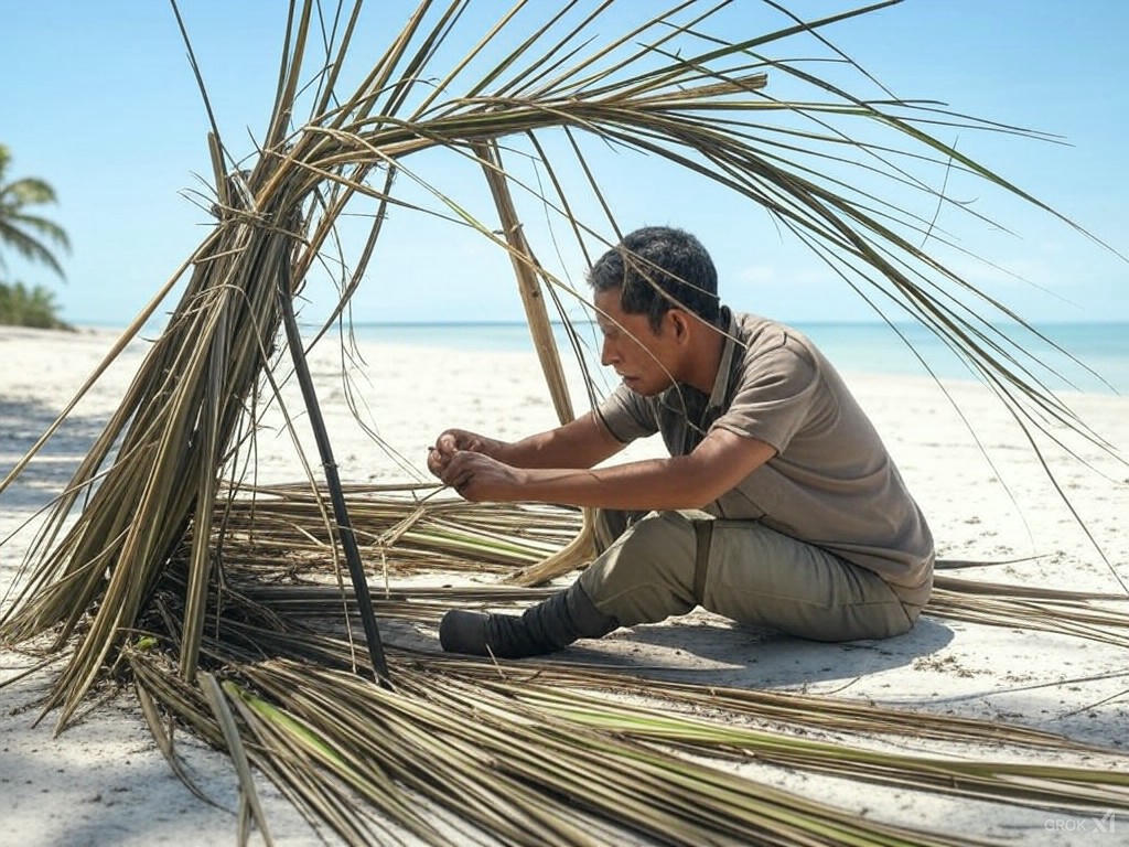Castaway experience building a frame shelter on the beach in paradise.