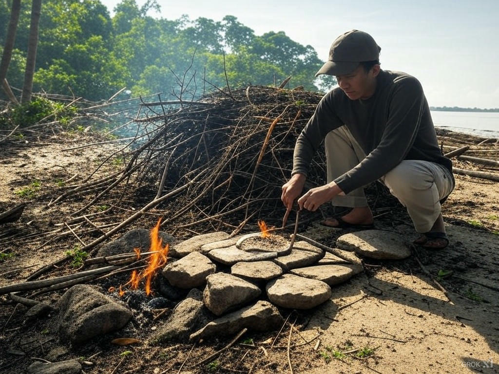 survival cooking on heated rocks Survival cooking on heated rocks during a survival castaway experience in Palawan.
