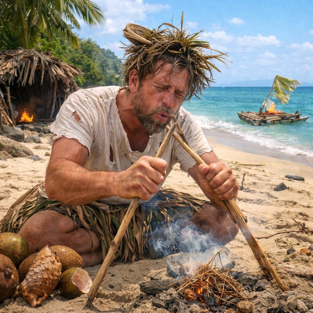 Man building a fire on Palawan beach for survival cooking during island adventure.