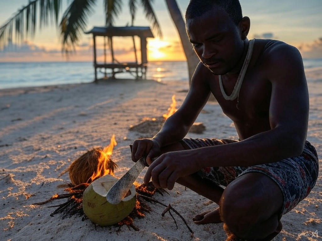 Surviving from coconut on deserted island in Palawan between El Nido and Coron.