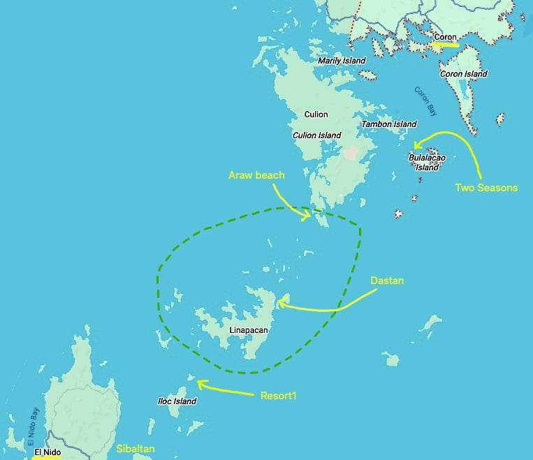 Beautiful Philippine islands map with travel routes and beaches.