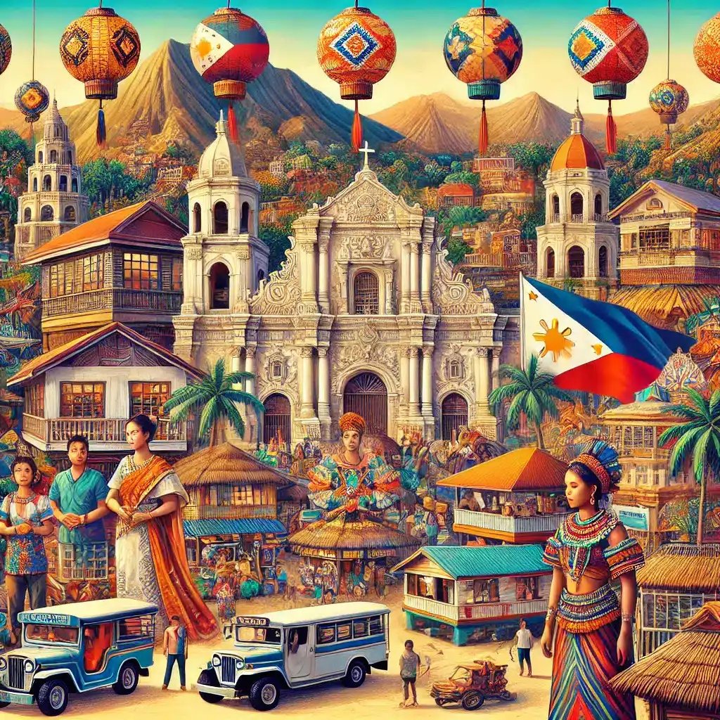 Colorful lanterns, traditional costumes, and historic architecture in a lively Philippines setting.