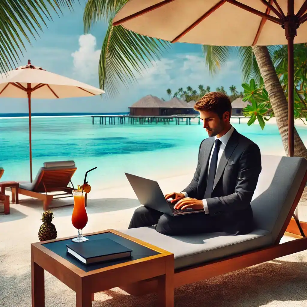 Relaxing with ocean view at a beach resort in the Philippines while working on a laptop.