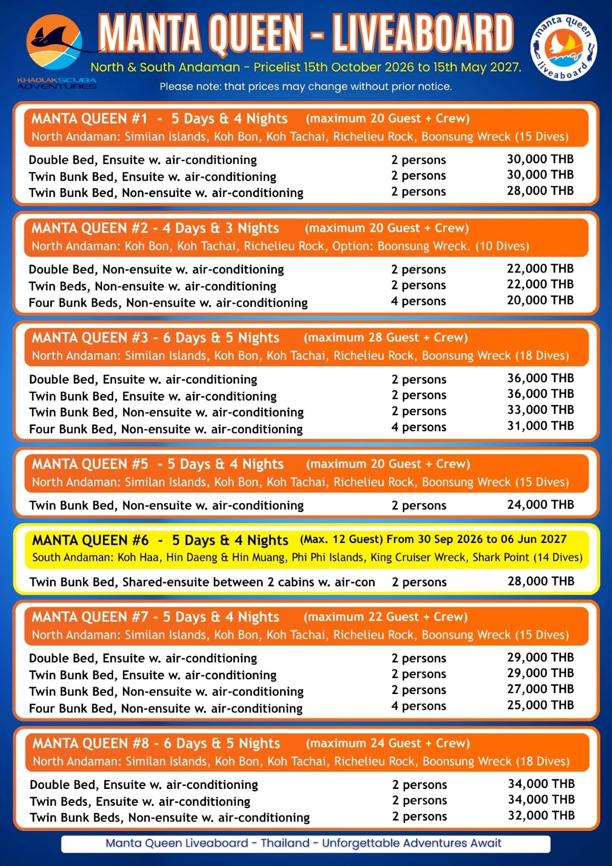 Manta Queen Cabin Pricelist 2026 2027