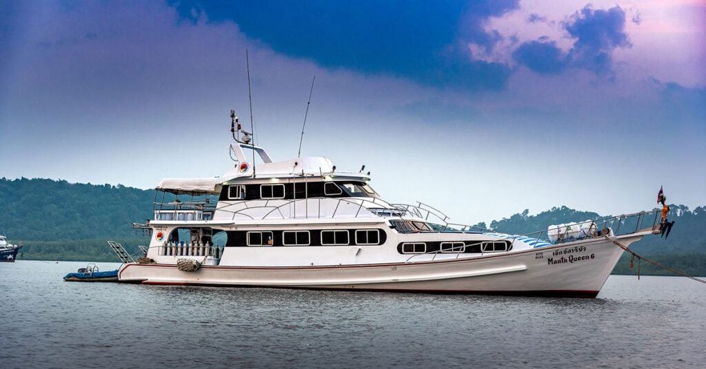 Elegant yacht from Manta Queen Fleet in Thailand, perfect for island hopping adventures.