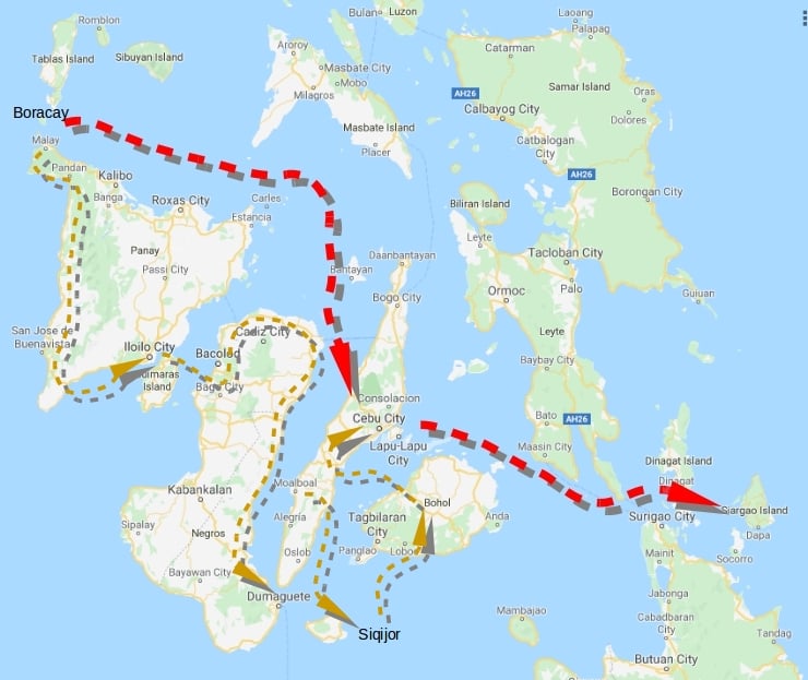 Routes in the Philippines for island hopping and travel.