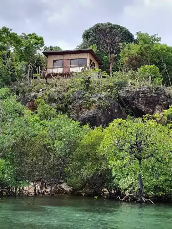 Alt text: Jungle cliffside house overlooking lush greenery and water in the Philippines.