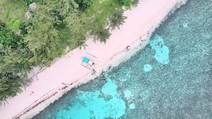 Aerial view of pristine pink sand beach and crystal-clear water in the Philippines.