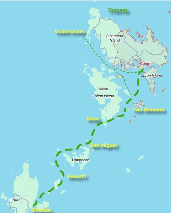 Brightly colored island hopping route across the Philippines for travel enthusiasts.
