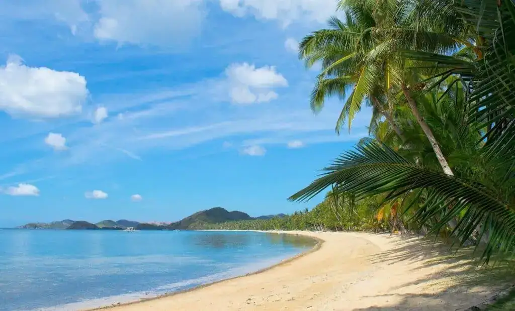 Scenic Filipino beach with white sand, clear blue waters, and lush palm trees.