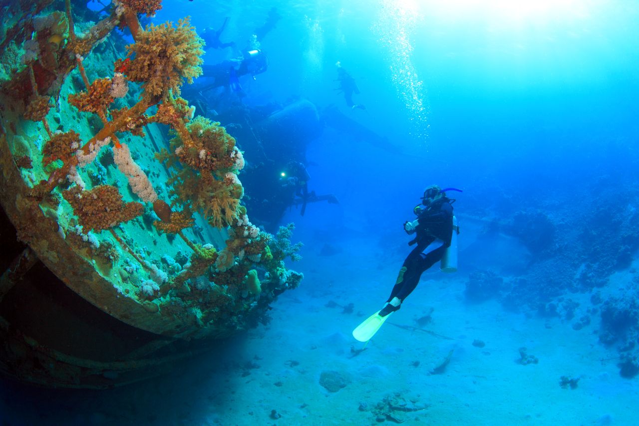 Vibrant coral reef with scuba divers exploring beneath the ocean.