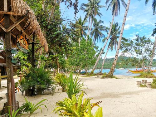 A scenic beach in the Philippines with palm trees, sandy shores, and clear blue waters, perfect for island hopping.